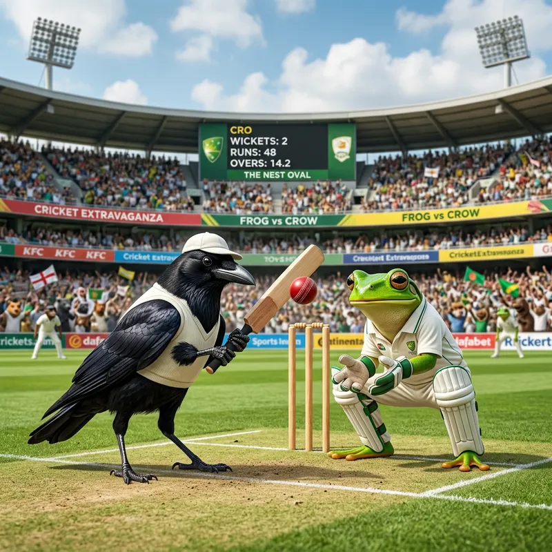 Unique Cricket Scene: Frog Wicketkeeper vs. Crow Batsman