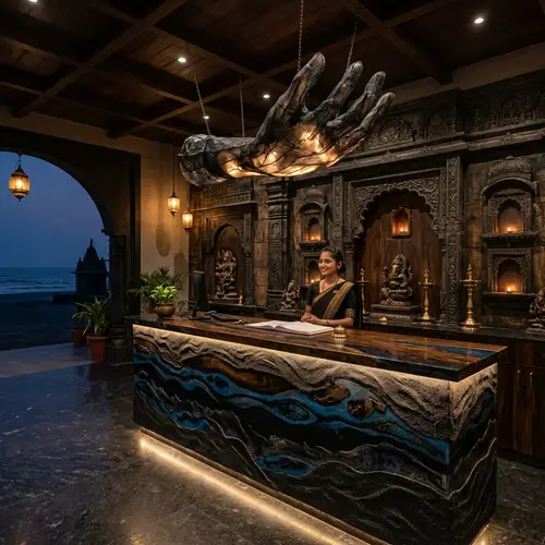Serene Reception Counter Inspired by Dumas Beach Elements
