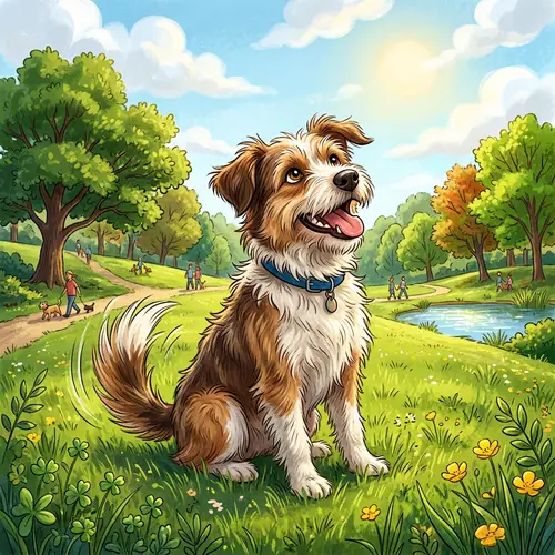 Colorful Playful Mixed Breed Dog Illustration in Lush Green Park