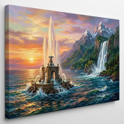 Majestic Fountain and Cascading Waterfall in Vibrant Sea Sunset