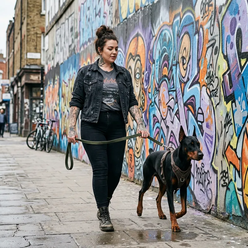 Graffiti Art: Curvy Tattooed Woman with Doberman Walking