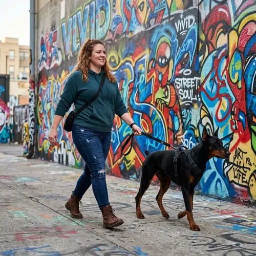 Vibrant Graffiti Art with Curvy Woman Walking Robust Doberman