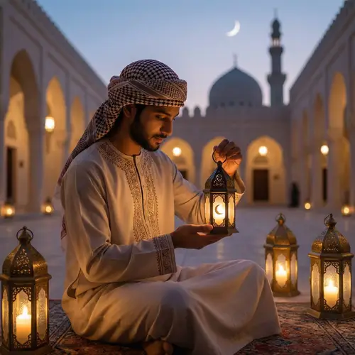 Beautiful Ramadan Portrait with Crescent Moon & Lanterns