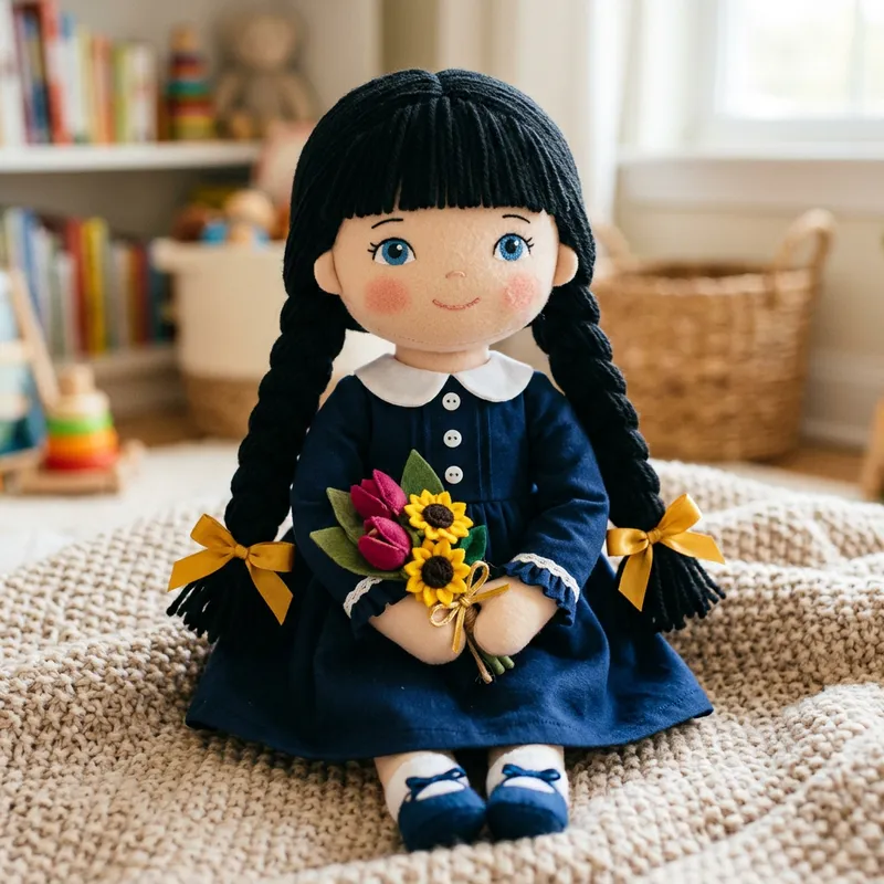 Adorable Plushie Girl with Braids and Flowers