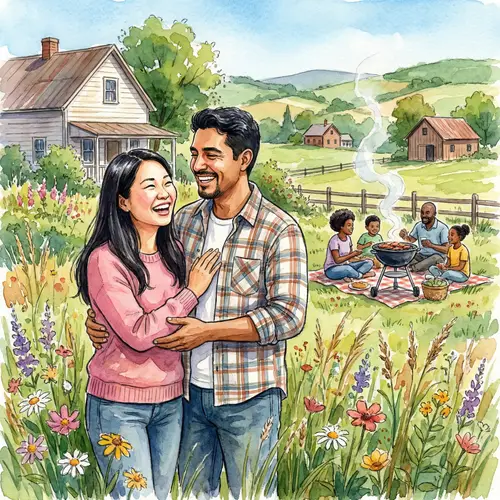 Joyful Watercolor Painting of Diverse Happy Couple in Rural Setting