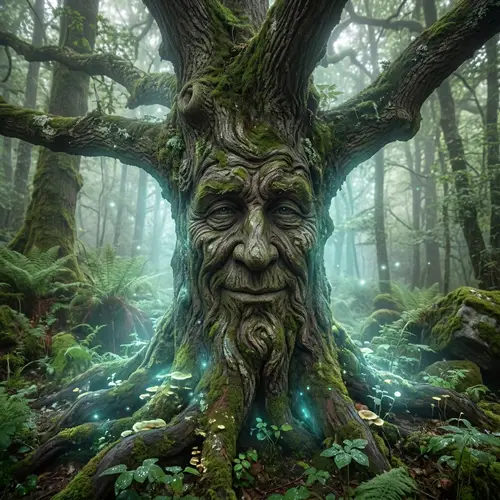 Mystical Ancient Tree with a Face - Enveloped in Magical Glow