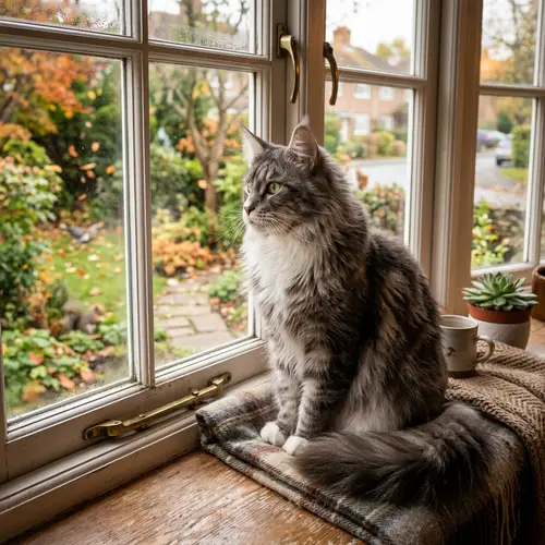 Majestic Maine Coon Cat Watching World from Window Sill