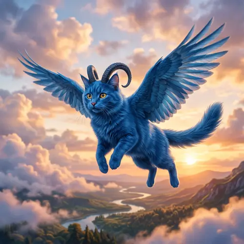 Blue Cat with Wings and Horns - Mystical Creatures Collection