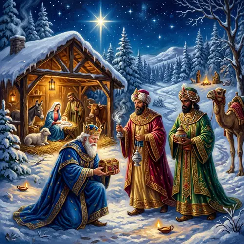 Traditional Carol Scene with Three Wise Kings in a Mystical Stable