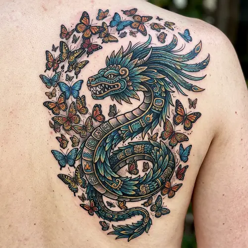 Kukulkan Tattoo Design with Butterflies | Mythology Inspired Ink