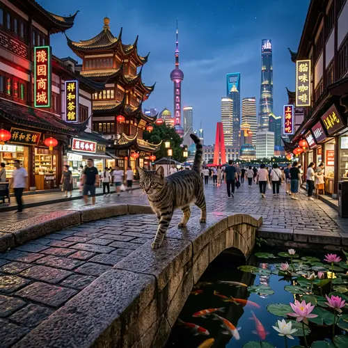 Adorable Cat Strutting through Shanghai’s Diverse Architecture
