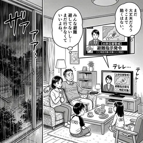 Family Watching TV During Heavy Downpour - Japanese Manga Illustration