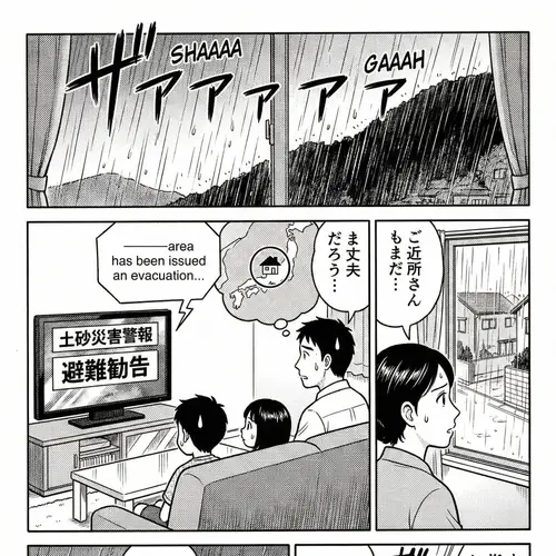 Japanese Manga Illustration: Family Reacts to Evacuation Warning Amid Rainstorm