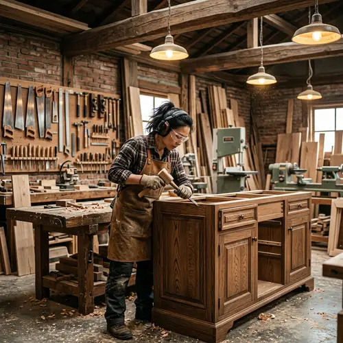 Asian Female Furniture Maker Crafting Classic Kitchen Set
