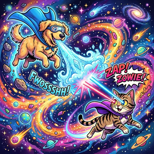 Cosmic Duel: Dog vs Cat in Pop Art Style