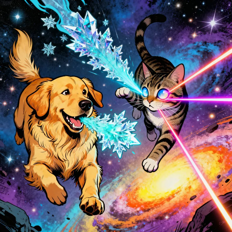Cosmic Duel: Dog vs Cat in Pop Art Style