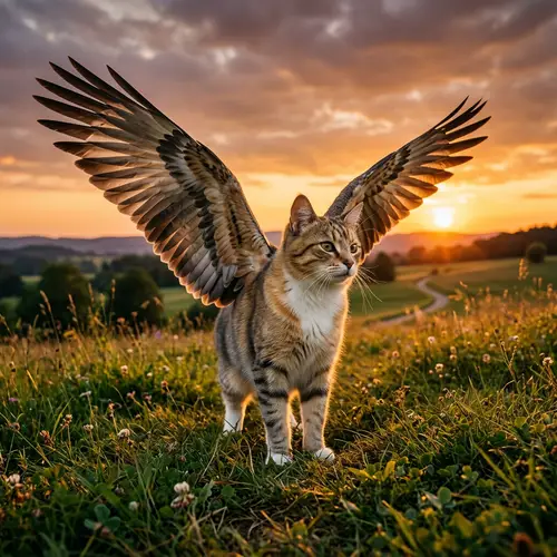 Majestic Winged Tabby Cat in Grassy Field | Sunset Scene