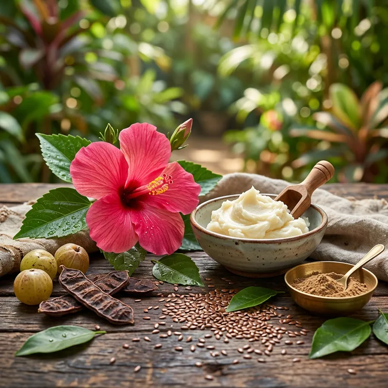 Vibrant Hibiscus Flower, Shea Butter & Herb Background Vibrant Hibiscus Flower, Shea Butter & Herb Background
