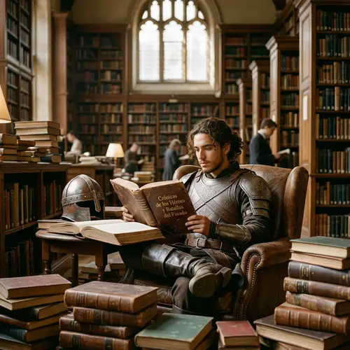 Hispanic Young Warrior Deep in Historical Book in Voluminous Library