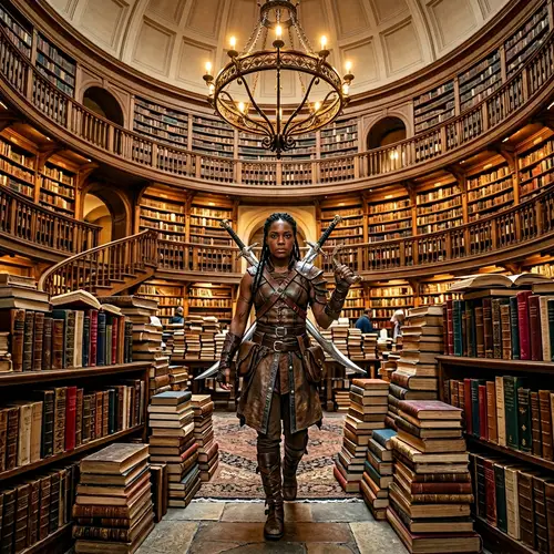Black Female Warrior in Library | Fantasy Swords Books