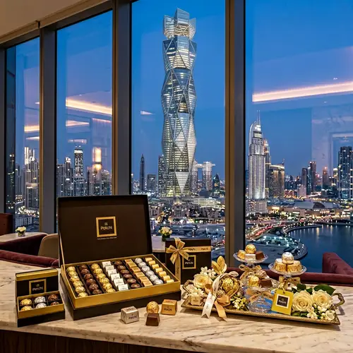 Artistically Displayed Patchi Chocolates with Modern Skyscraper Backdrop