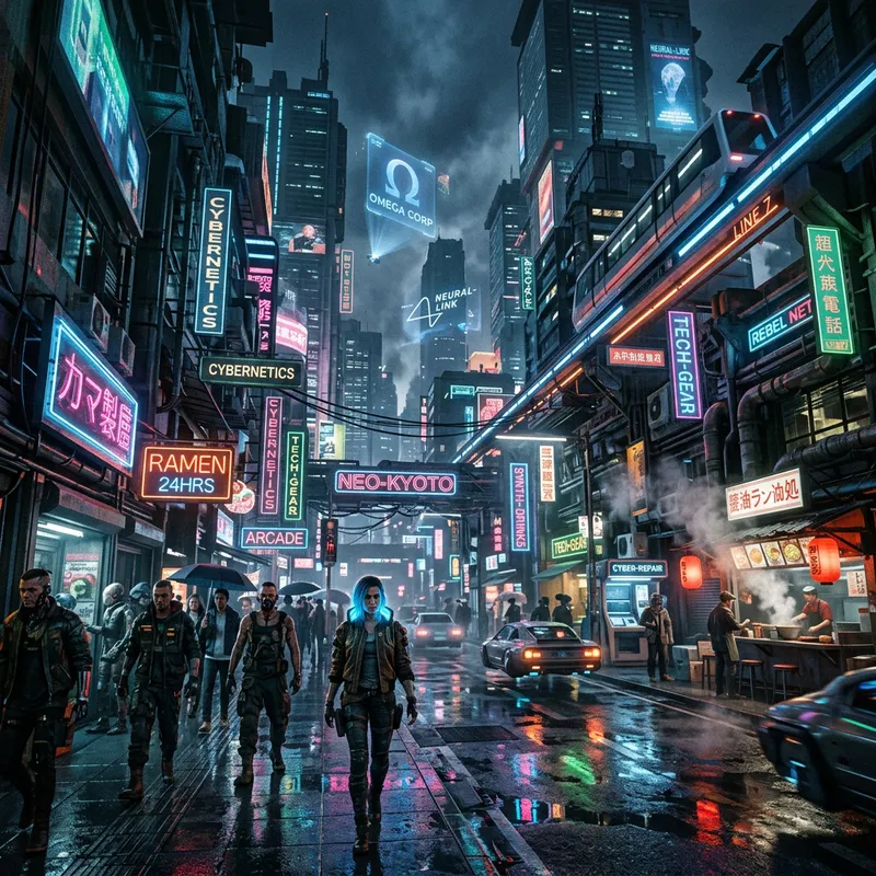 Cyberpunk Neon World with Reflective Rain