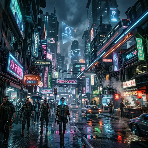 Futuristic Cyberpunk World - Neon Lights, Rain Reflections