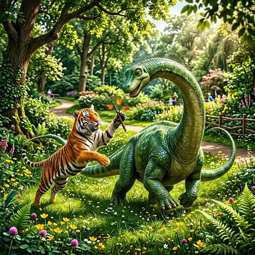 Majestic Diplodocus and Playful Tiger Frolicking in Lush Park