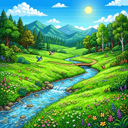 Vibrant Game-Styled Meadow in 16-Bit Graphics