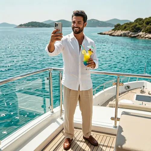 Stylish Man on a Luxury Yacht Taking a Selfie