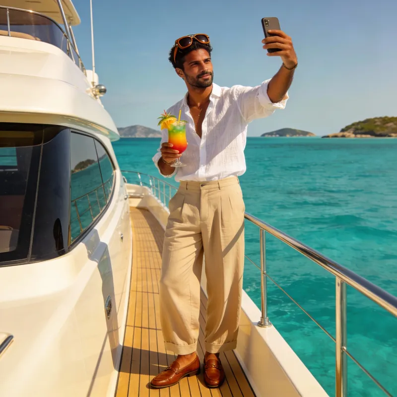 Stylish Man on a Luxury Yacht Taking a Selfie