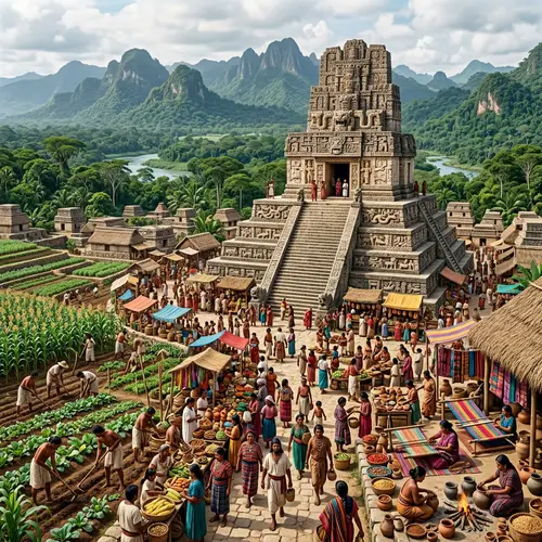 Elaborate Pre-Columbian Stone Temple and Bustling Marketplace Scene
