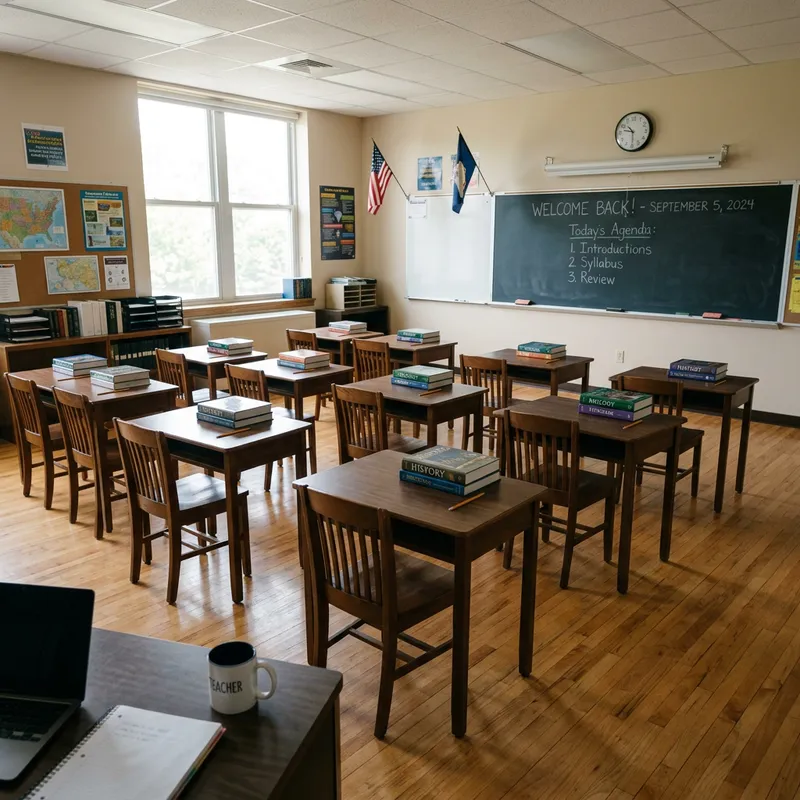 Empty School Classroom View: Teacher's Perspective