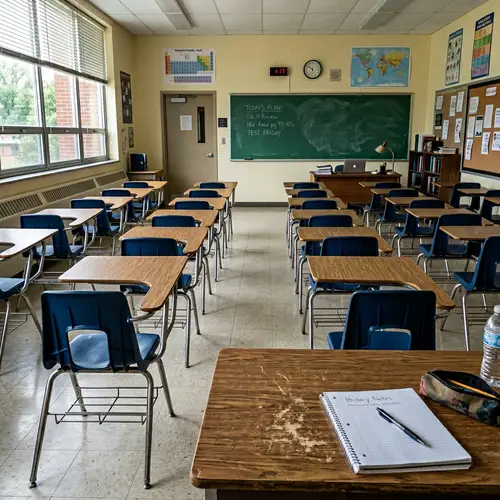 Tranquil Classroom Scene with Empty Blue Chairs