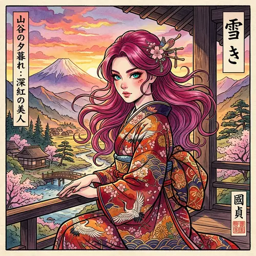 Vibrant Ukiyo-e Portrait with Magenta Hair and Turquoise Eyes