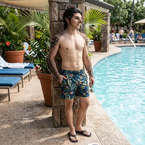 Male Bird Demi-Human by Pool in Swim Trunks