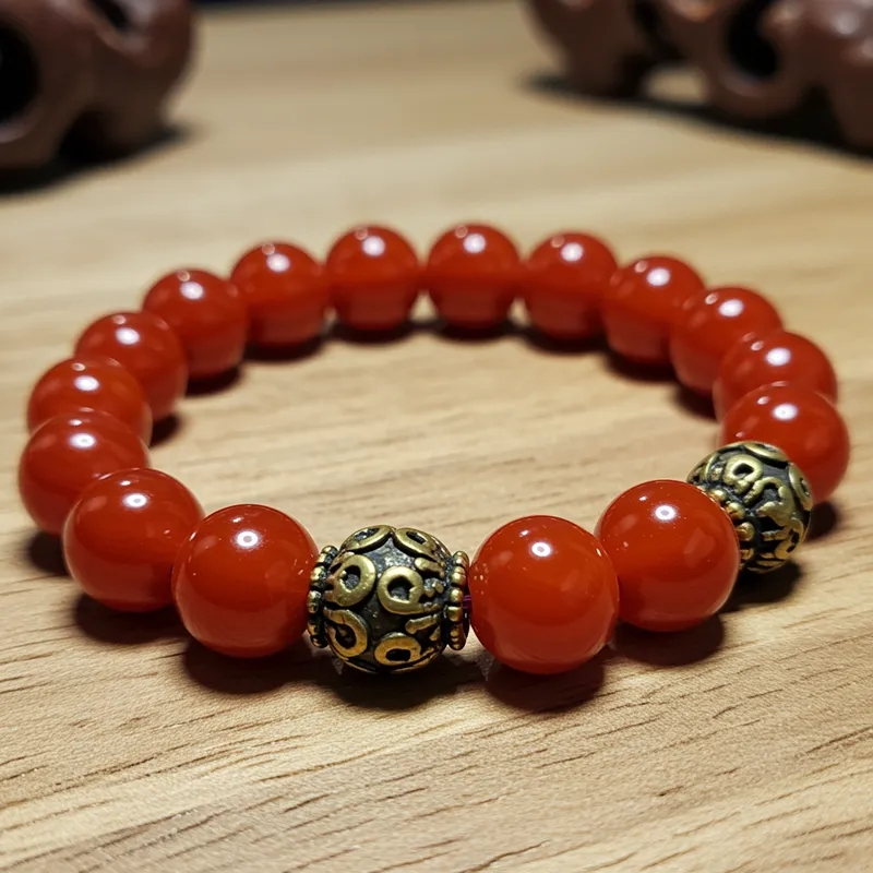 Red Agate & Bronze Bead Bracelet - Chinese Style Red Agate & Bronze Bead Bracelet - Chinese Style