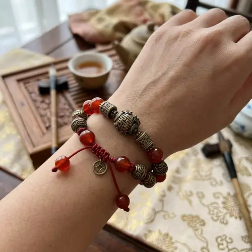 Red Agate & Bronze Bead Bracelet - Chinese Style