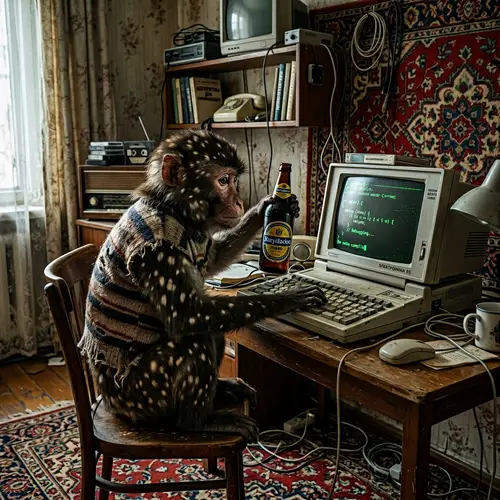 8K Hyper-Realistic Image: Monkey Programming in Soviet-Style Setting