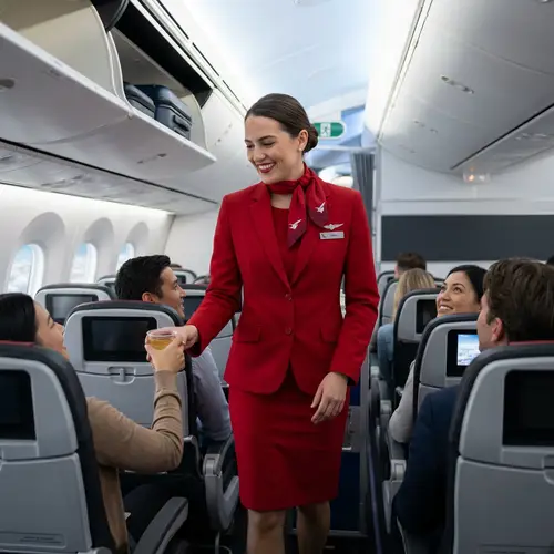 Flight Attendant in Red Uniform Serving Customers