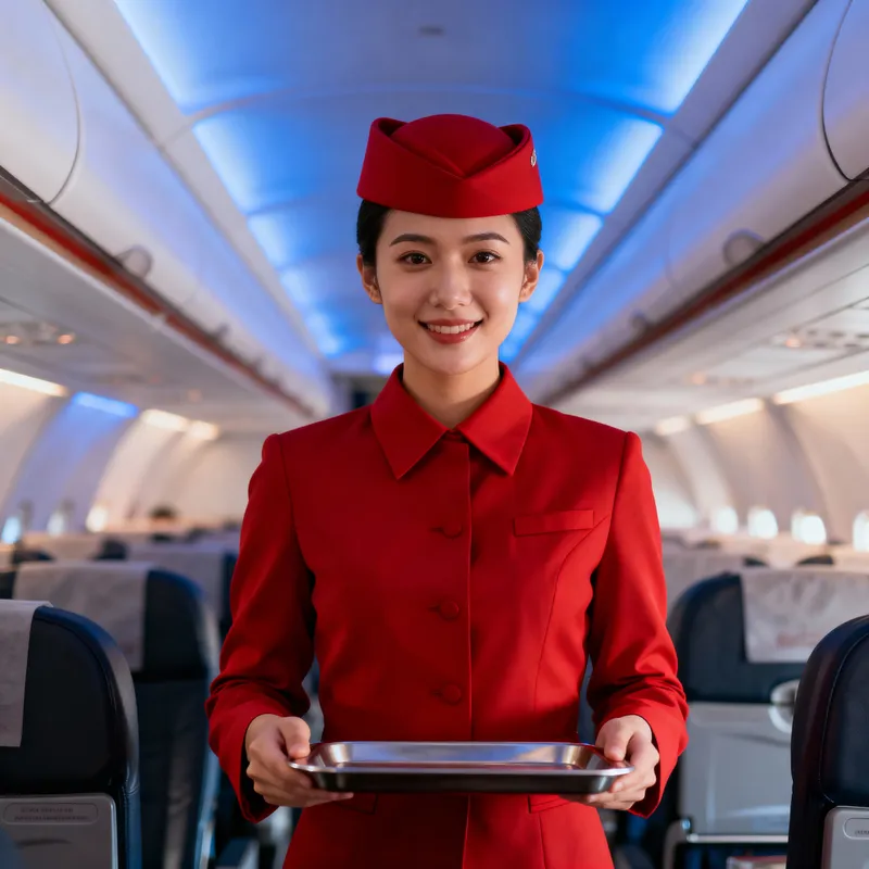Flight Attendant in Red Uniform Serving Customers