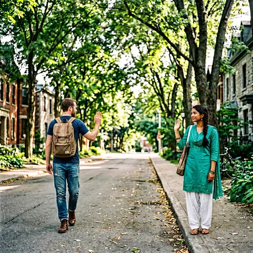 Caucasian Man & South Asian Woman Parting on Tree-Lined Street