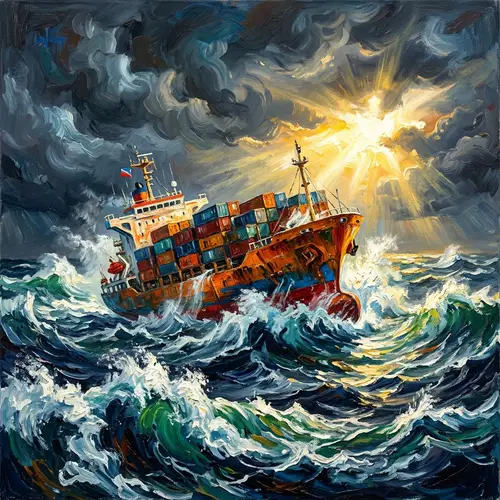 Vivid Container Ship Painting Inspired by Van Gogh | Storm Scene