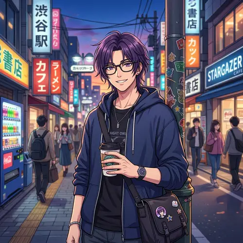 Anime Styled Young Man with Purple Hair and Glasses