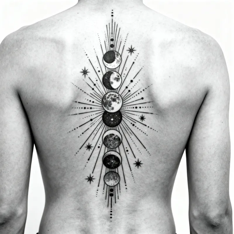 Stunning Spine Tattoo: Moon Phases & Line Art