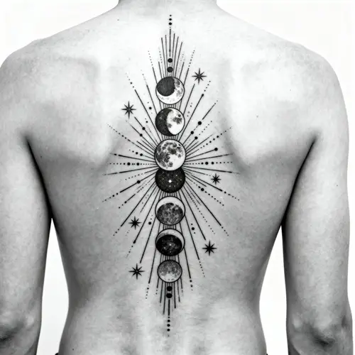 Stunning Spine Tattoo: Moon Phases & Line Art