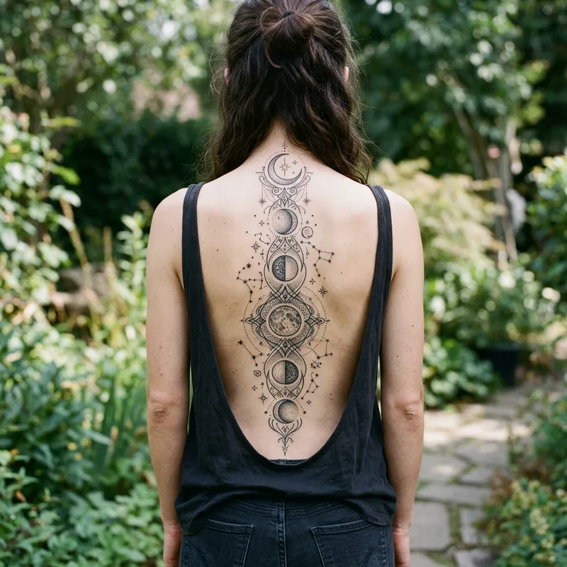 Stunning Spine Tattoo: Moon Phases & Line Art Stunning Spine Tattoo: Moon Phases & Line Art
