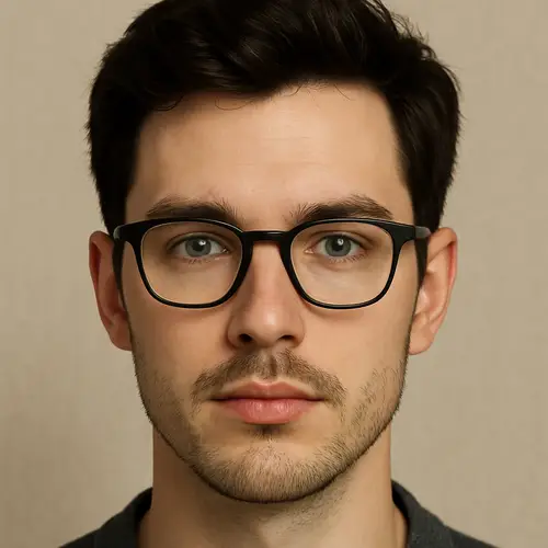 Facial Features with Dark Brown Hair and Grey-Blue Eyes