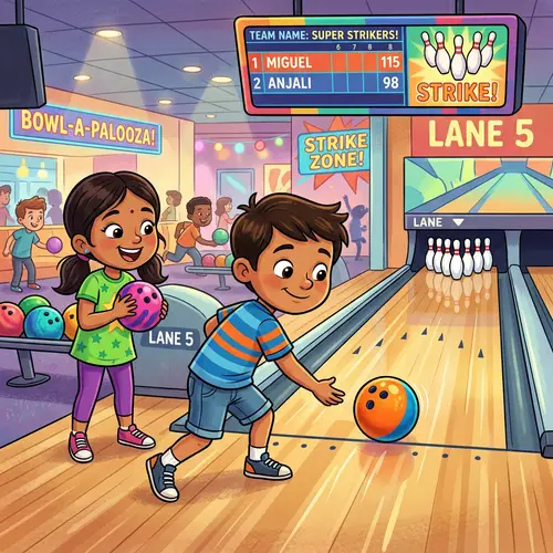 Colorful Cartoon of Diverse Children Bowling Fun