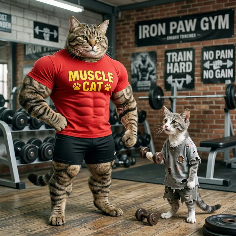 Strong Bodybuilder Cat vs Weak Little Cat